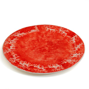 Reindeer Cheer 14.1” Round Platter, Red with White Reindeer Christmas Design, Made in Italy  - Euro Ceramica 