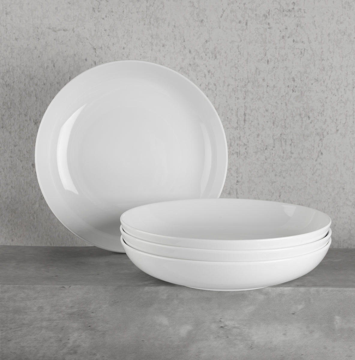 Pasta Bowl Plates White Porcelain Set of 4 Swirl Minimalist Design Glossy  Finish