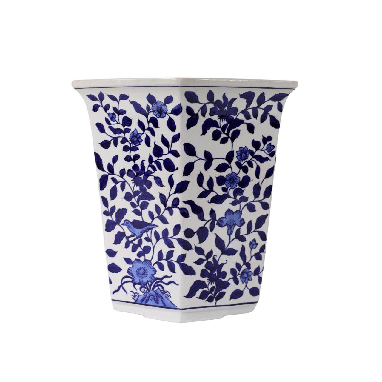 blue and white planter with saucer Blue and White Aviary Garden Planter