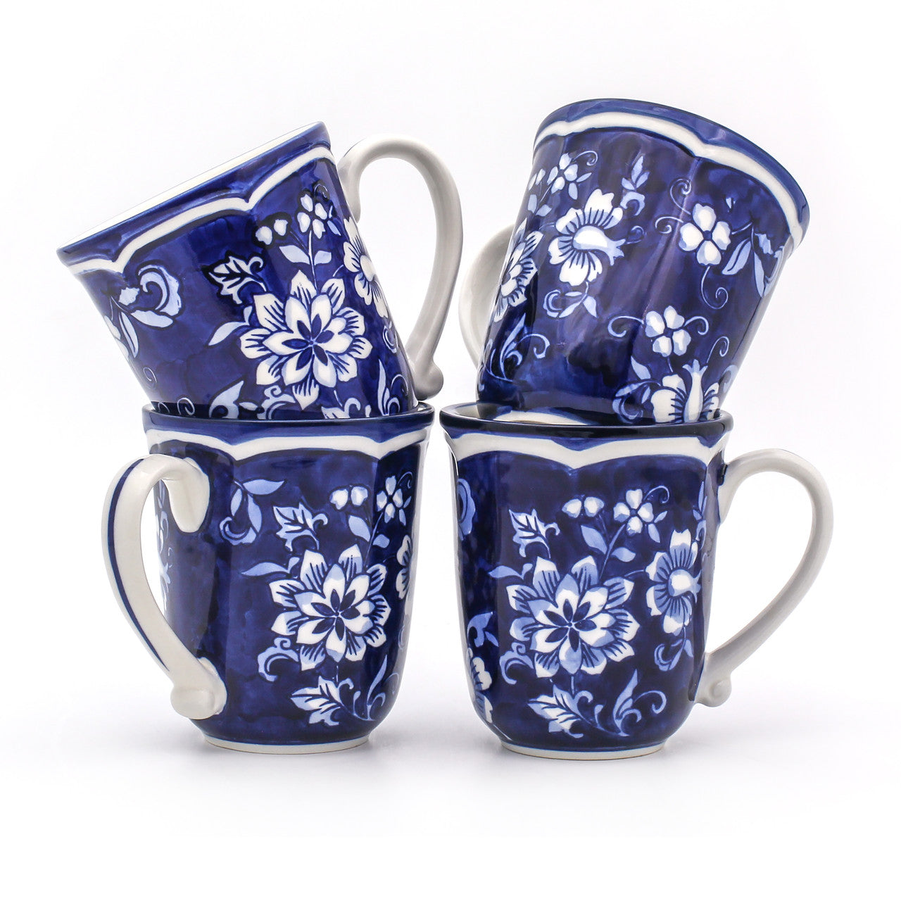 Blue Garden 4 Piece Hand-painted Mugs - Euro Ceramica 