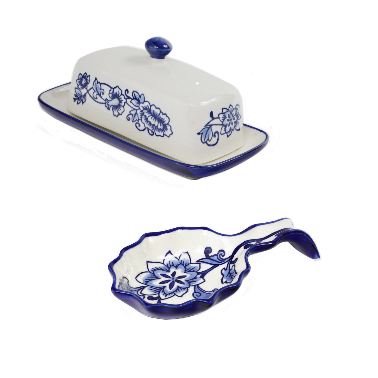 Blue Garden Butter Dish and Spoon Rest - Euro Ceramica 