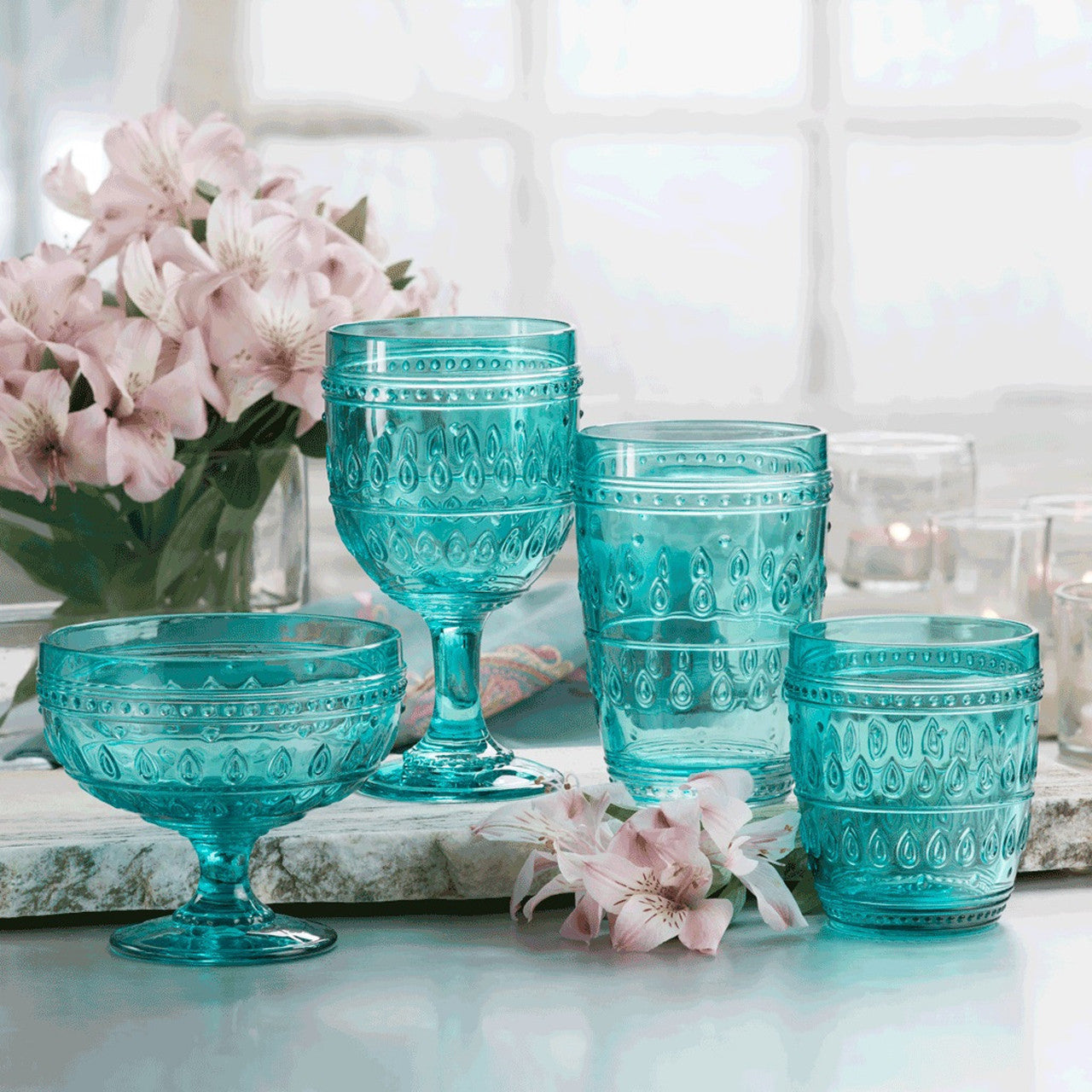 Fez Glassware 4 Piece 14oz Highball Glass Set in Turquoise - Euro Ceramica 