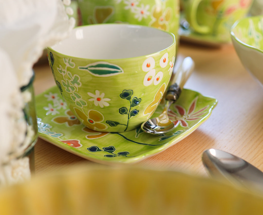 Primavera Hand painted Stoneware Latte Mugs Set, Set of 4