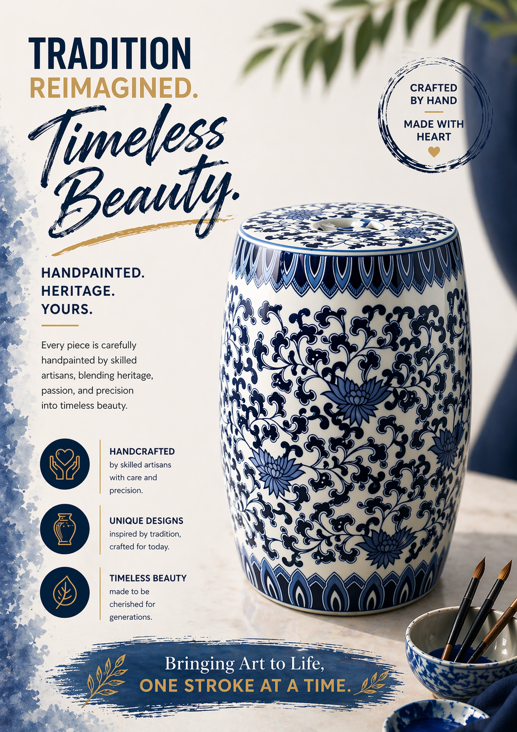 Blue & White Hand-Painted Lotus Ceramic Garden Stool