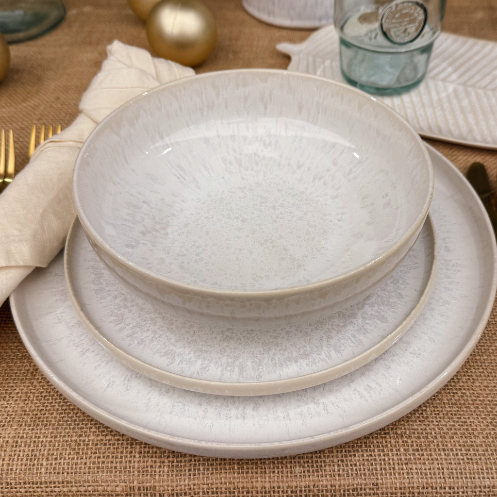 Symi 12 Piece Stoneware Reactive Glaze Dinnerware Set - White Symi 12 Piece Stoneware Reactive Glaze Dinnerware Set - White
