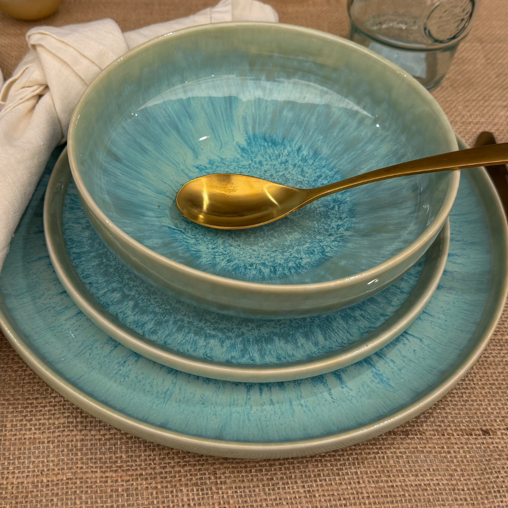 Symi 12 Piece Stoneware Reactive Glaze Dinnerware Set -  Turquoise