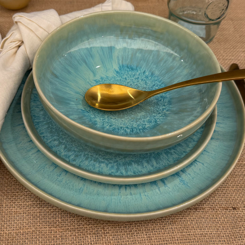 Symi 12 Piece Stoneware Reactive Glaze Dinnerware Set - Turquoise