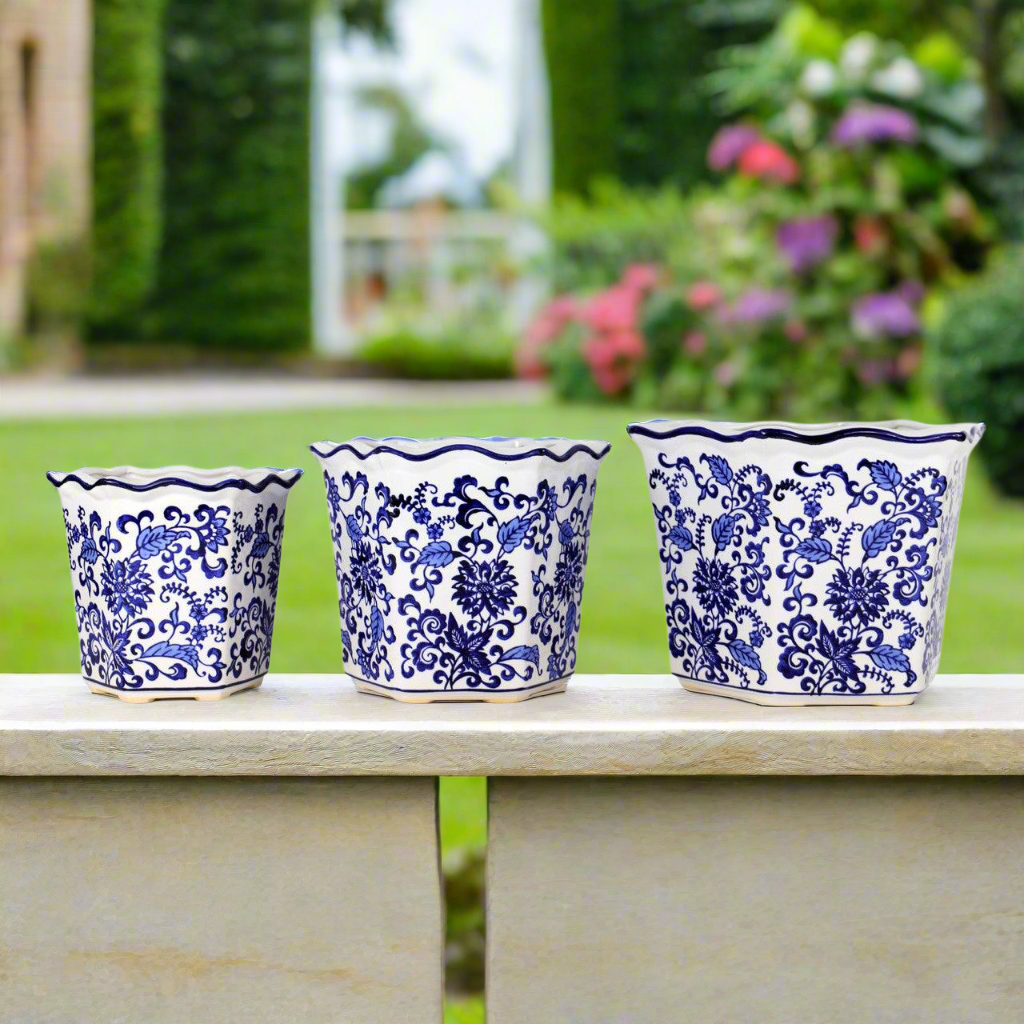 blue and white ceramic plant pots Blue and White Chinoiserie Garden Planter Set – Euro Ceramica
