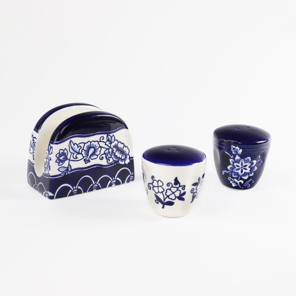 Blue Garden Table Accessory Set (Salt and Pepper Shakers & Napkin Holder)