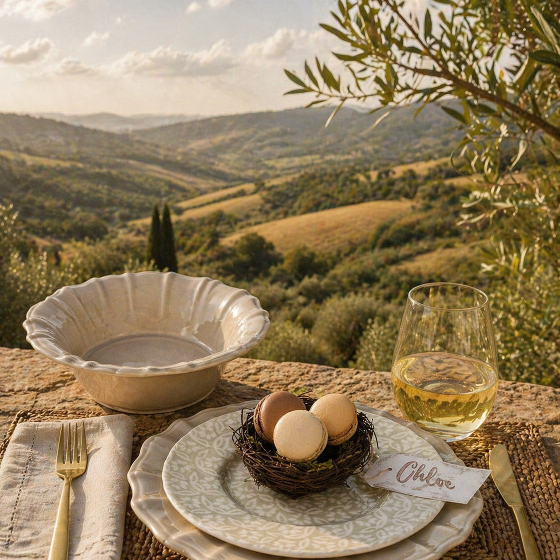 Dining table setting with a view of a scenic landscape