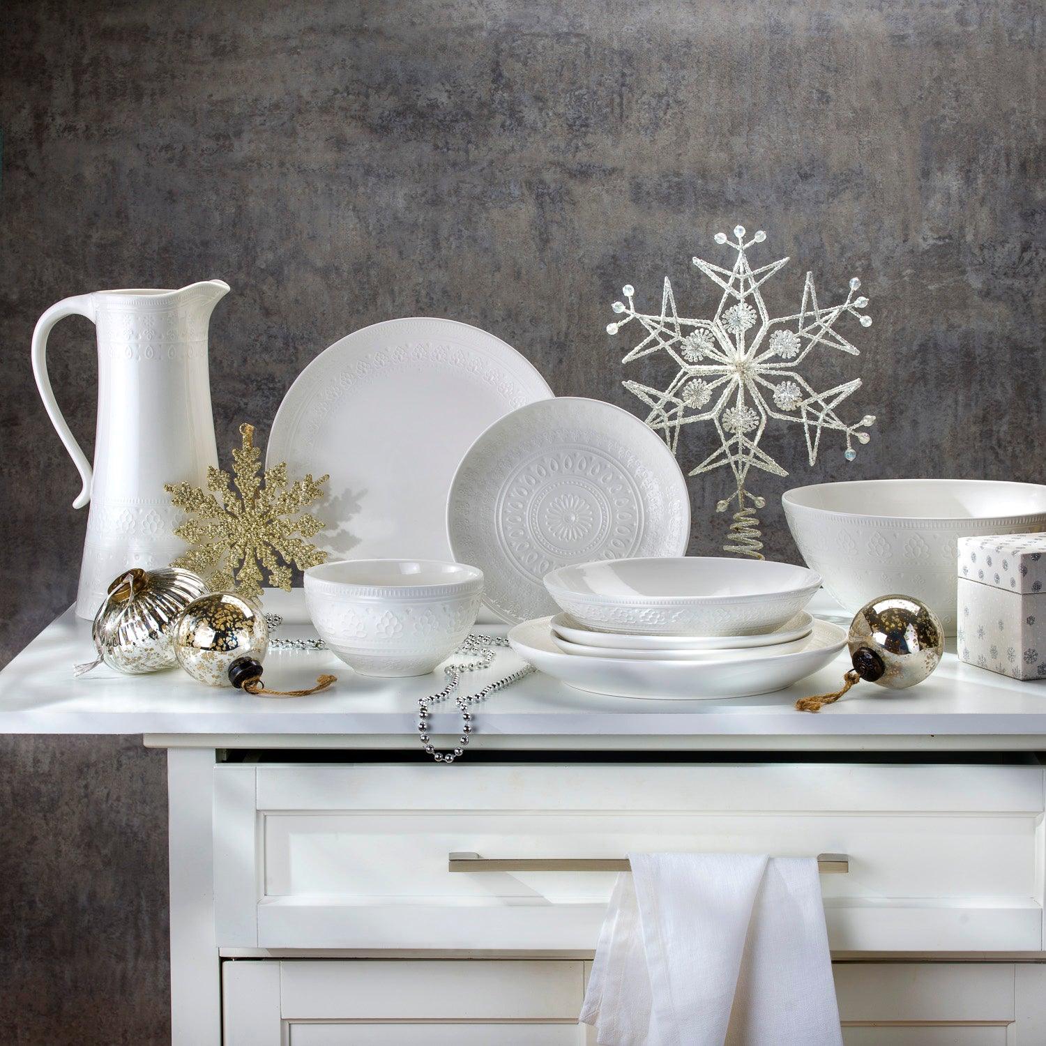 Fez Stoneware 16 Piece Double Bowl Dinnerware Set White