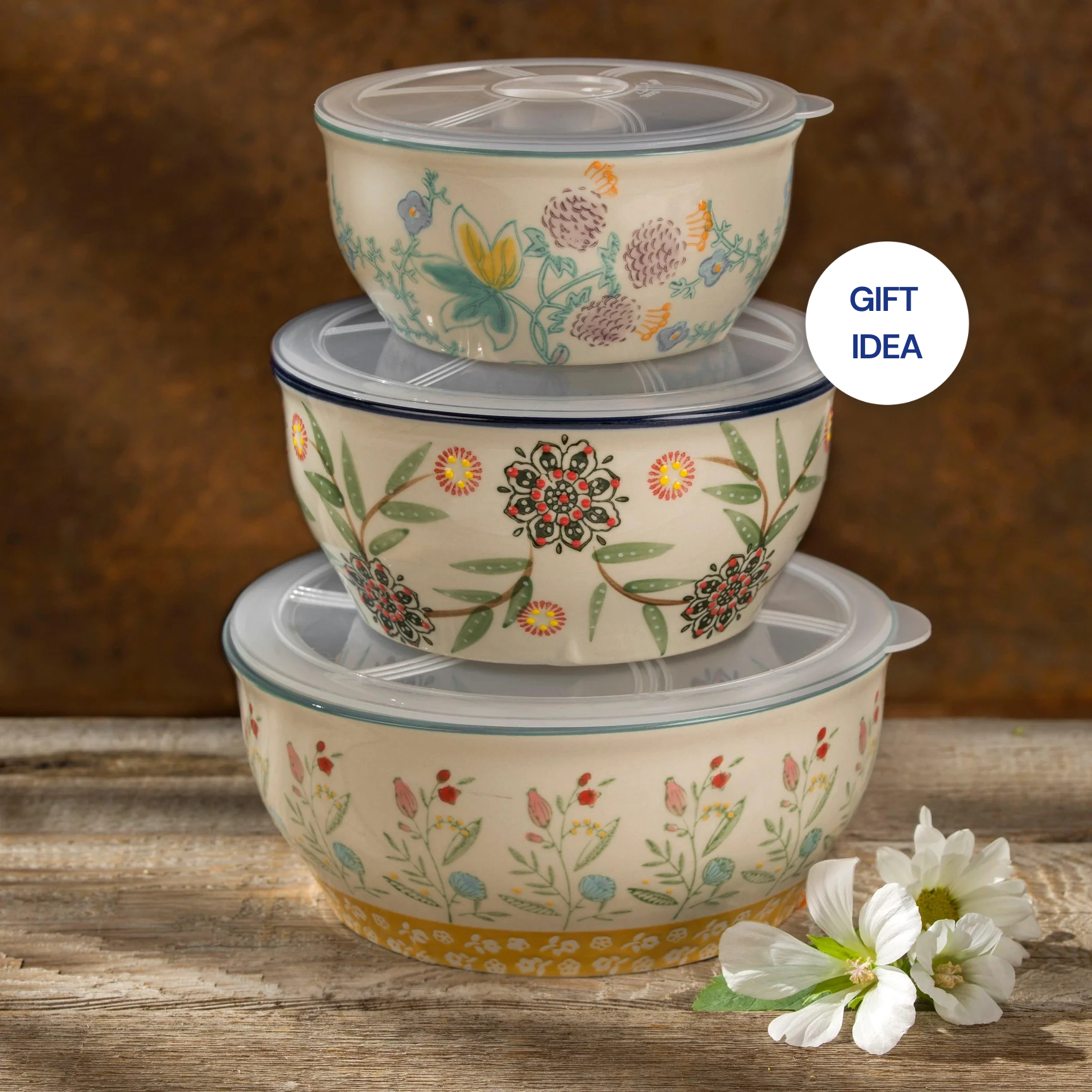 Ella 3 Piece Hand Painted Stoneware Nesting Storage and Prep Bowls Set