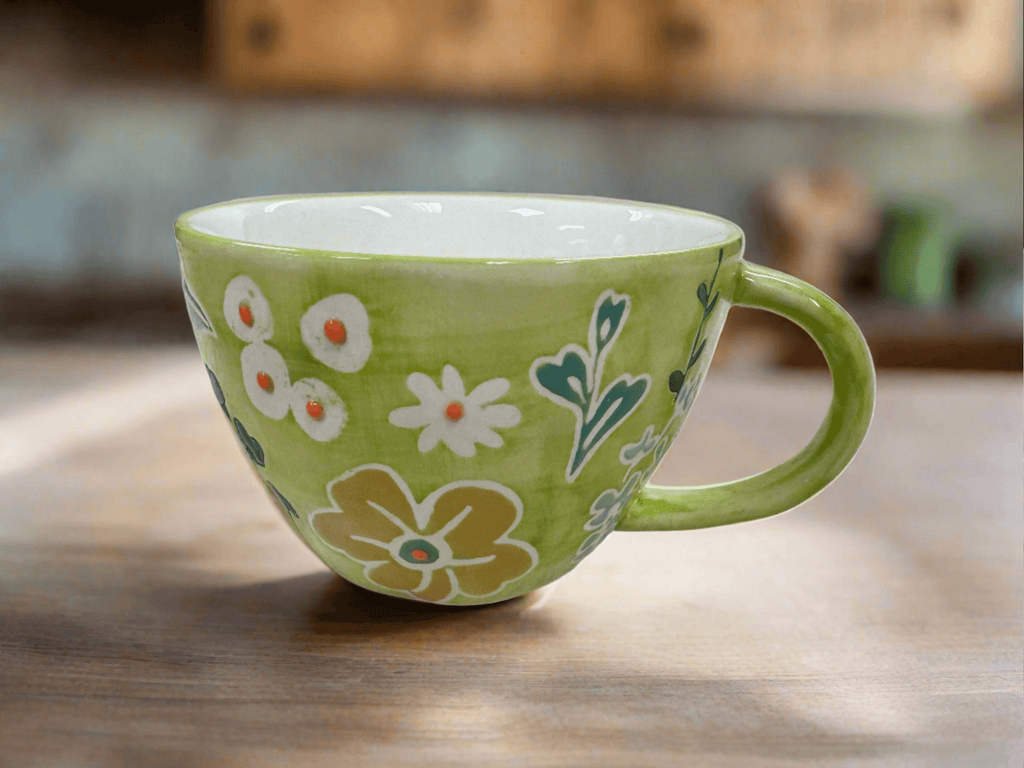 Primavera Hand painted Stoneware Latte Mugs Set, Set of 4