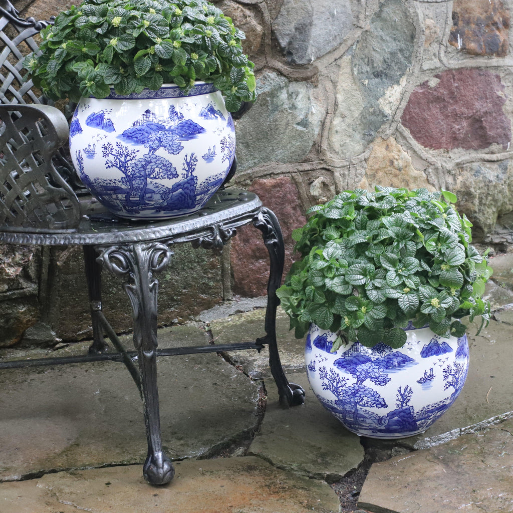 Ceramic Blue & White Landscape Design 11-Inch Planter Pot