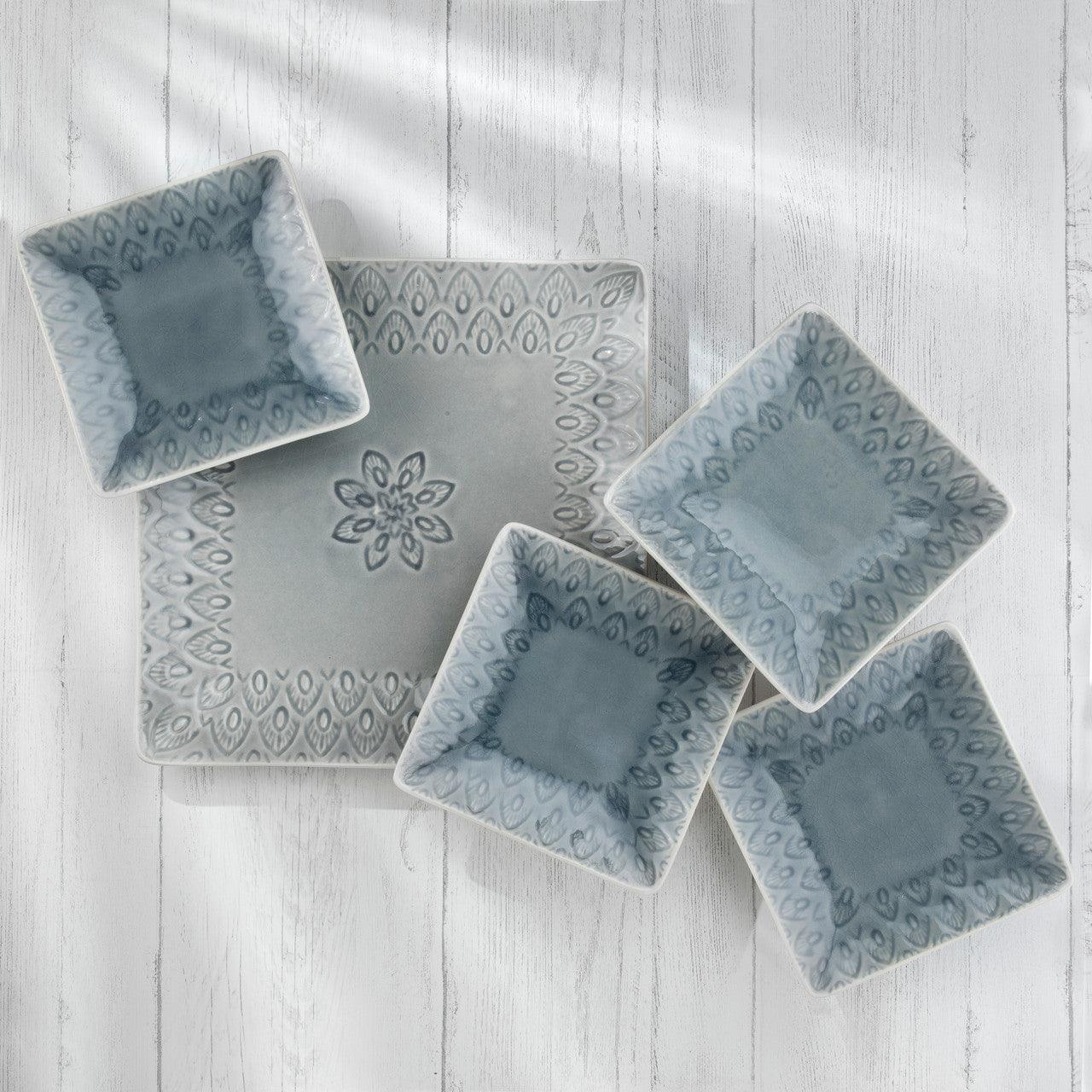 Peacock 5-Piece Square Appetizer Plate Set - Euro Ceramica 