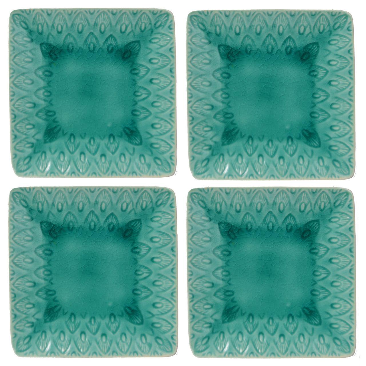 Peacock 6.5 Inch Square Appetizer Plate Set - Euro Ceramica 