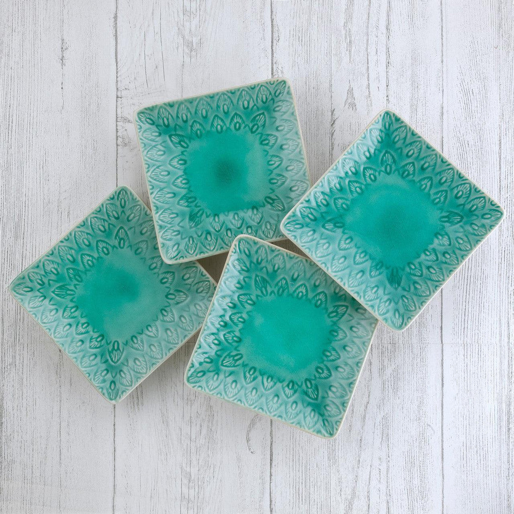 Peacock 6.5 Inch Square Appetizer Plate Set - Euro Ceramica 