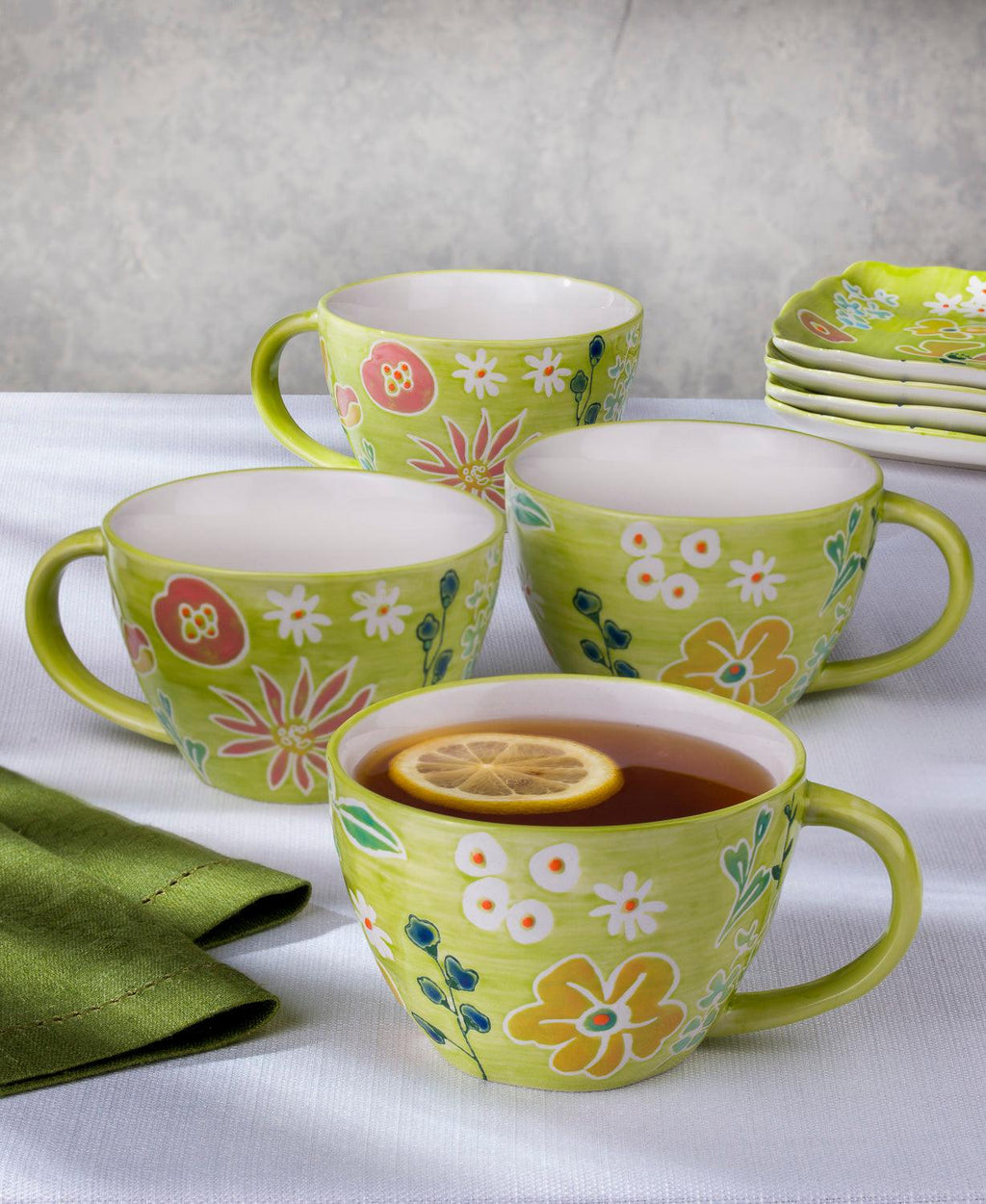 Primavera Hand painted Stoneware Latte Mugs Set, Set of 4