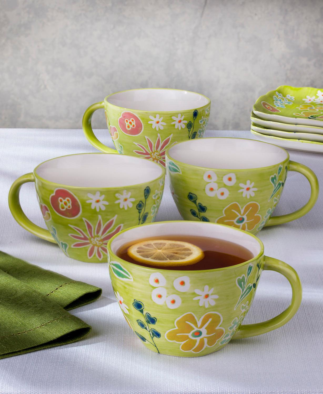 Primavera Hand painted Stoneware Latte Mugs Set, Set of 4