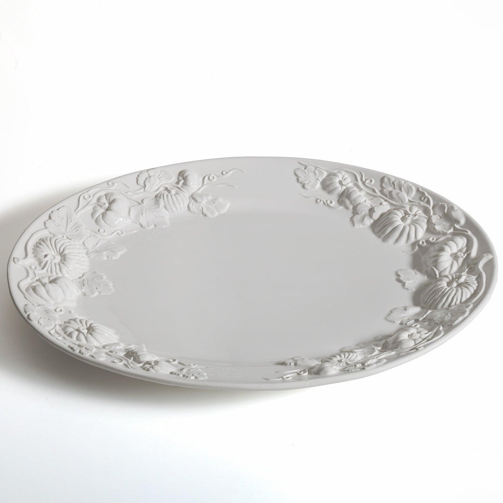 Pumpkin Leaf 20” Oval Platter, White Embossed Pumpkin Fall Harvest, Made in Italy - Euro Ceramica 