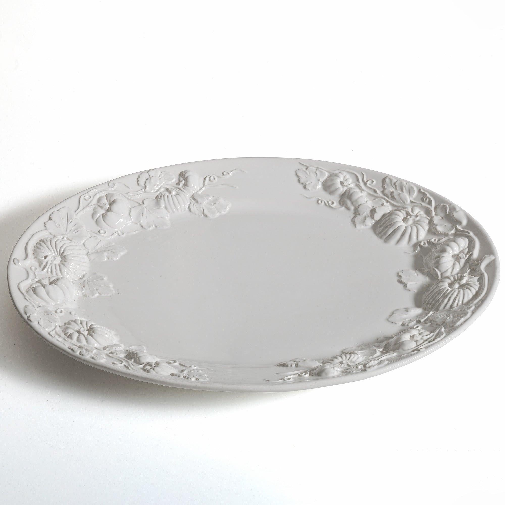 Pumpkin Leaf 20” Oval Platter, White Embossed Pumpkin Fall Harvest, Made in Italy - Euro Ceramica 