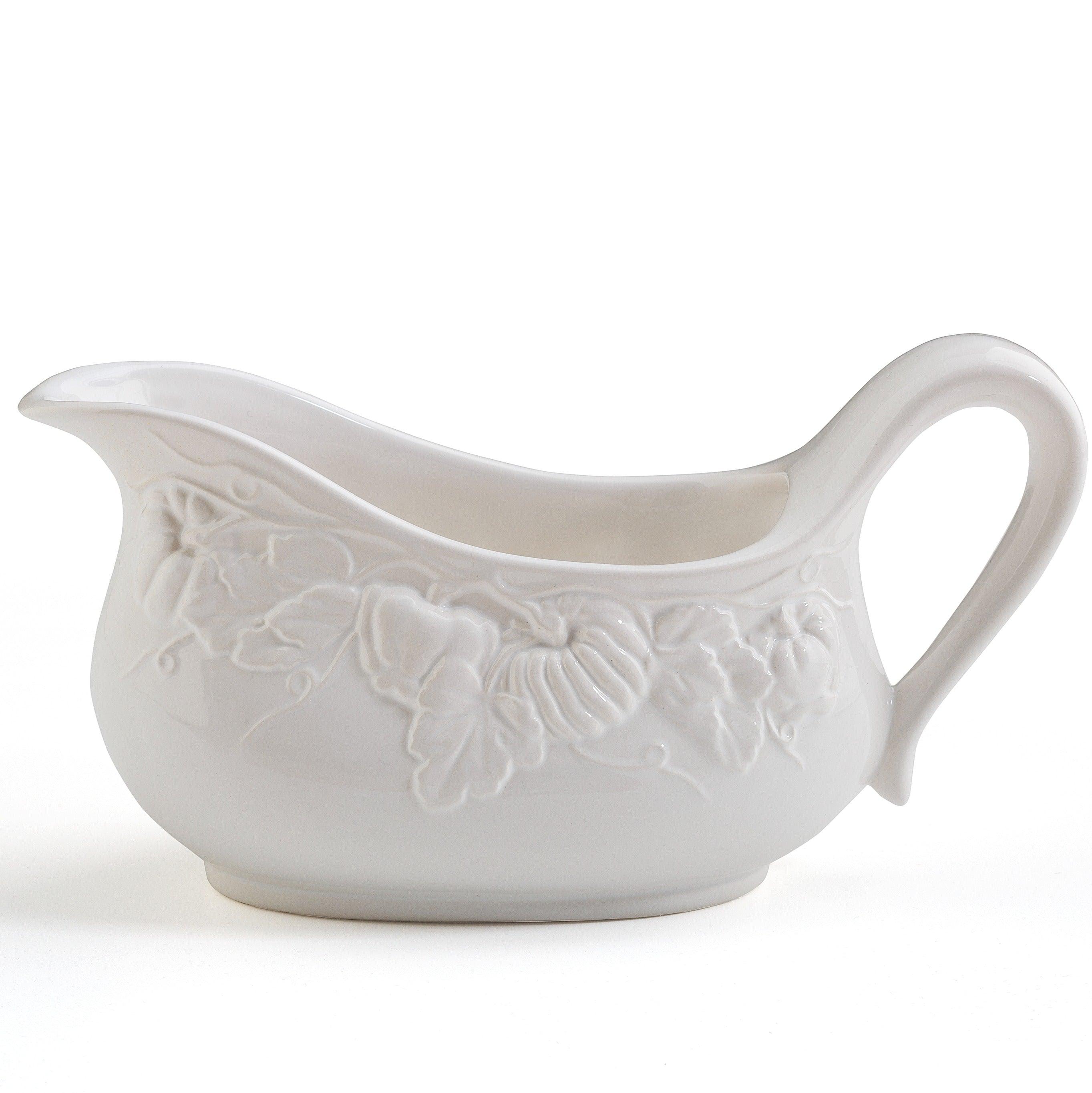 Pumpkin Leaf Gravy Boat, White Embossed Pumpkin Fall Harvest, Made in Italy - Euro Ceramica 