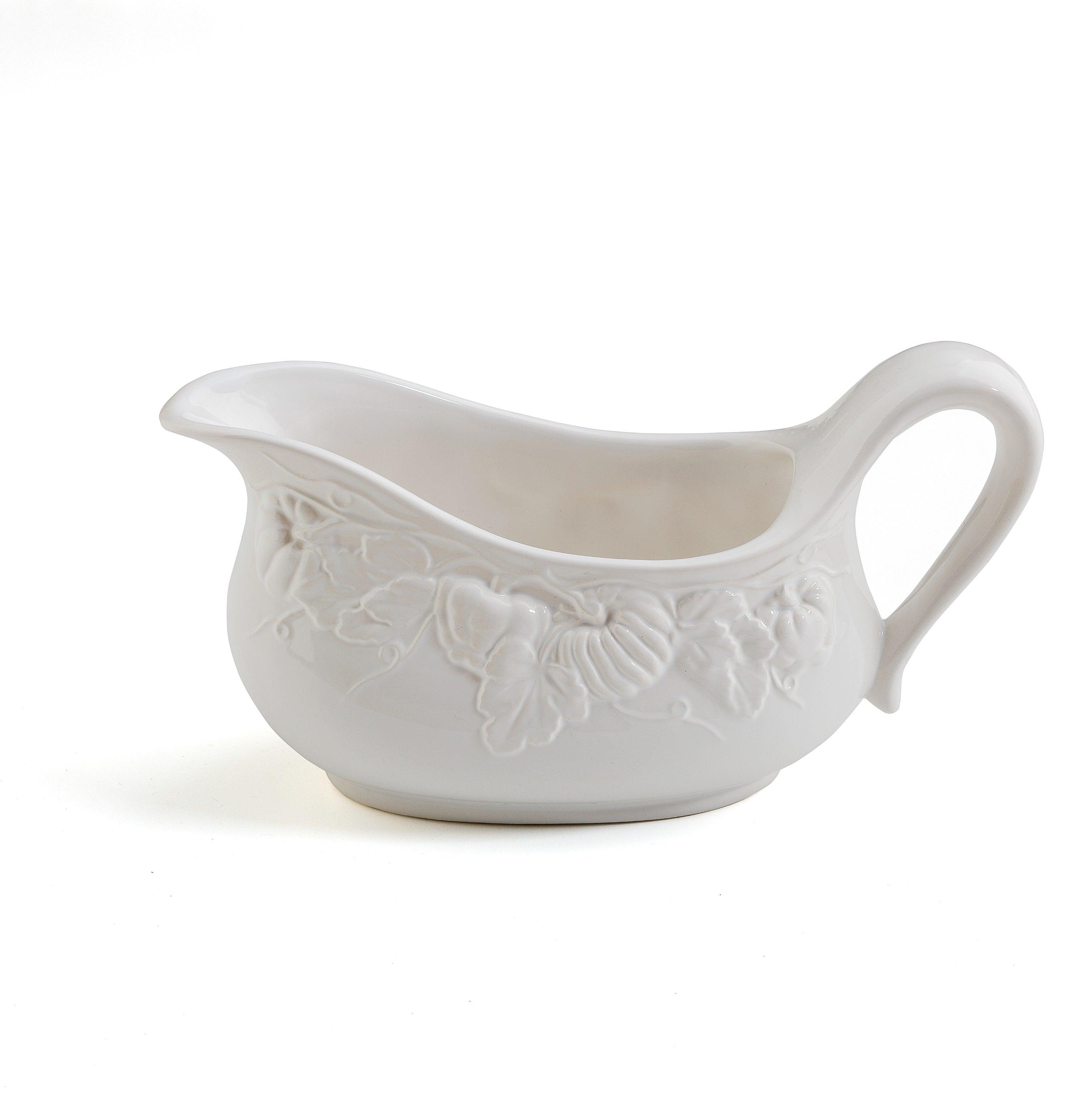 Pumpkin Leaf Gravy Boat, White Embossed Pumpkin Fall Harvest, Made in Italy - Euro Ceramica 