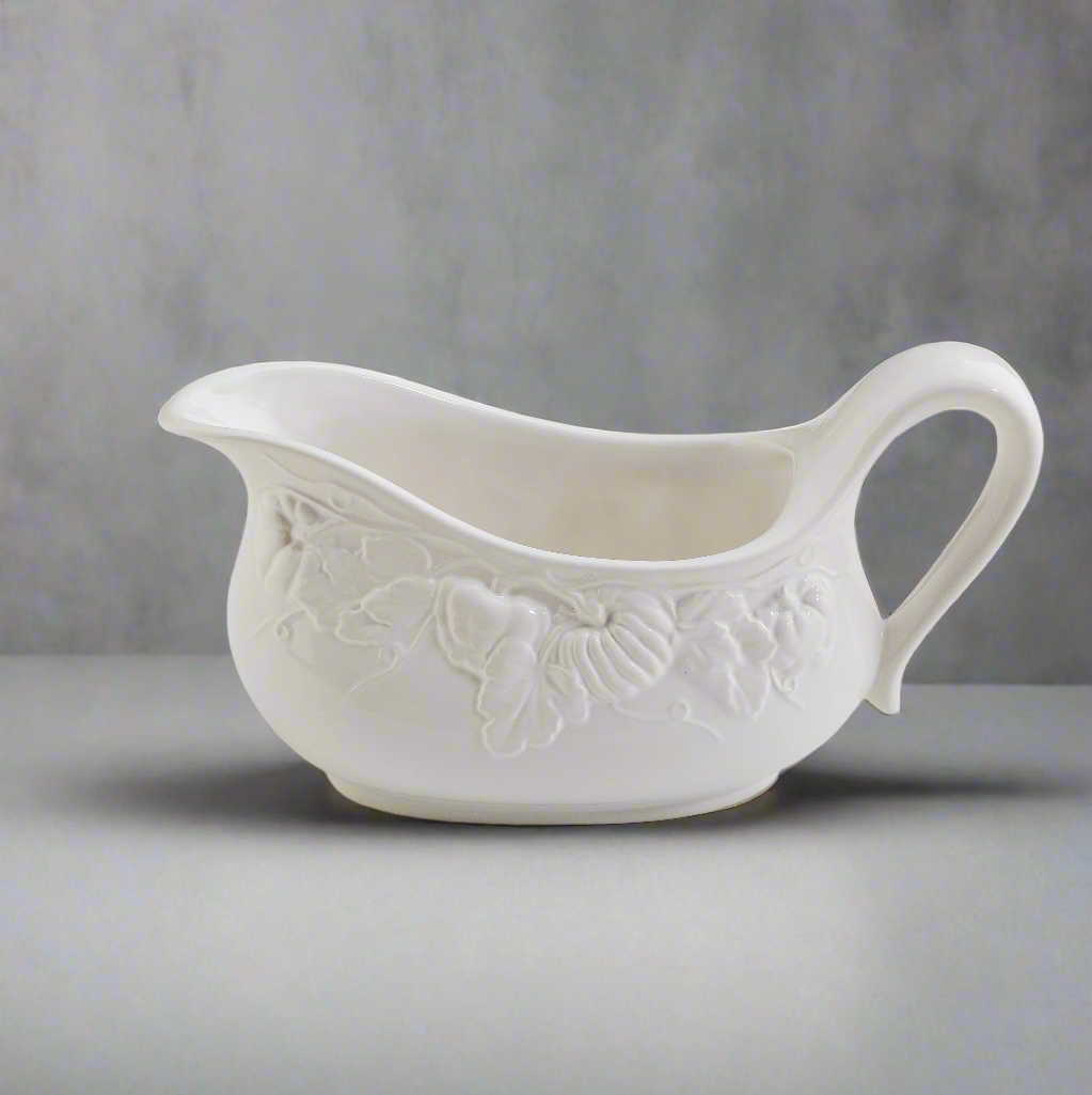 Pumpkin Leaf Gravy Boat, White Embossed Pumpkin Fall Harvest, Made in Italy