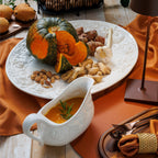 Pumpkin Leaf Turkey Platter and Gravy Boat Set, White Embossed Pumpkin Fall Harvest, Made in Italy - Euro Ceramica 