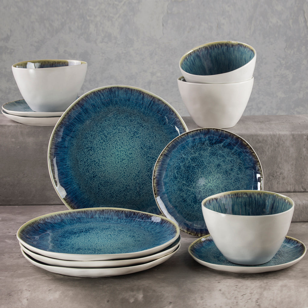 ClayBarn Nicole 12-Piece Stoneware Reactive Glaze Blue Dinnerware Set ,Service for 4