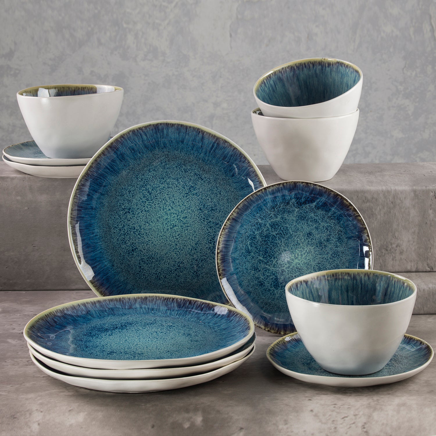 ClayBarn Nicole 12-Piece Stoneware Reactive Glaze Blue Dinnerware Set ,Service for 4