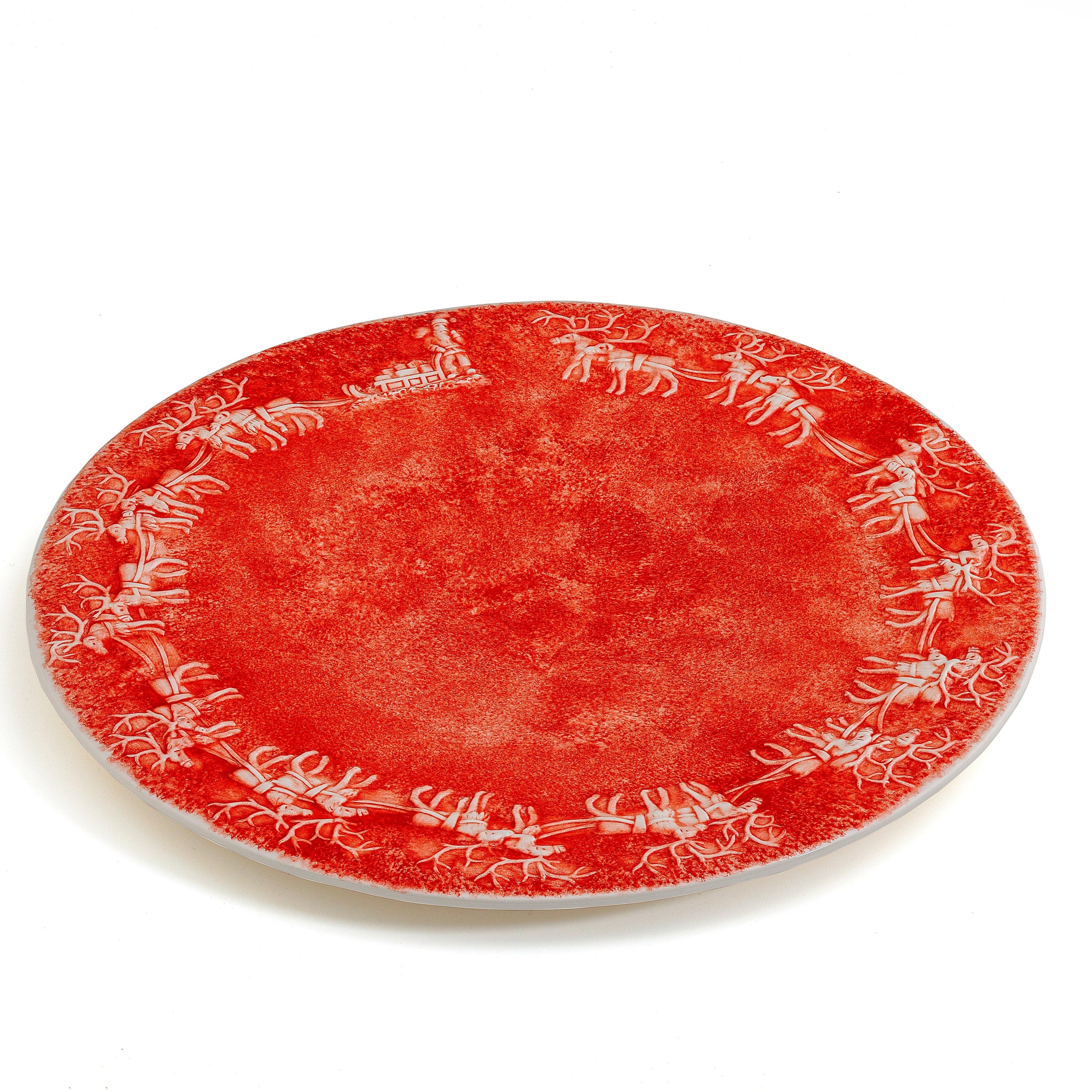 Reindeer Cheer 14.1” Round Platter, Red with White Reindeer Christmas Design, Made in Italy  - Euro Ceramica 