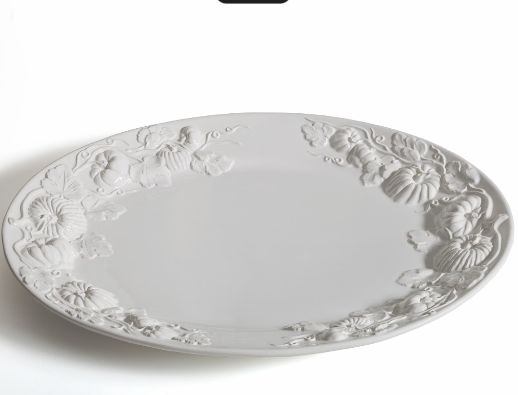 Pumpkin Leaf 20” Oval Platter, White Embossed Pumpkin Fall Harvest, Made in Italy