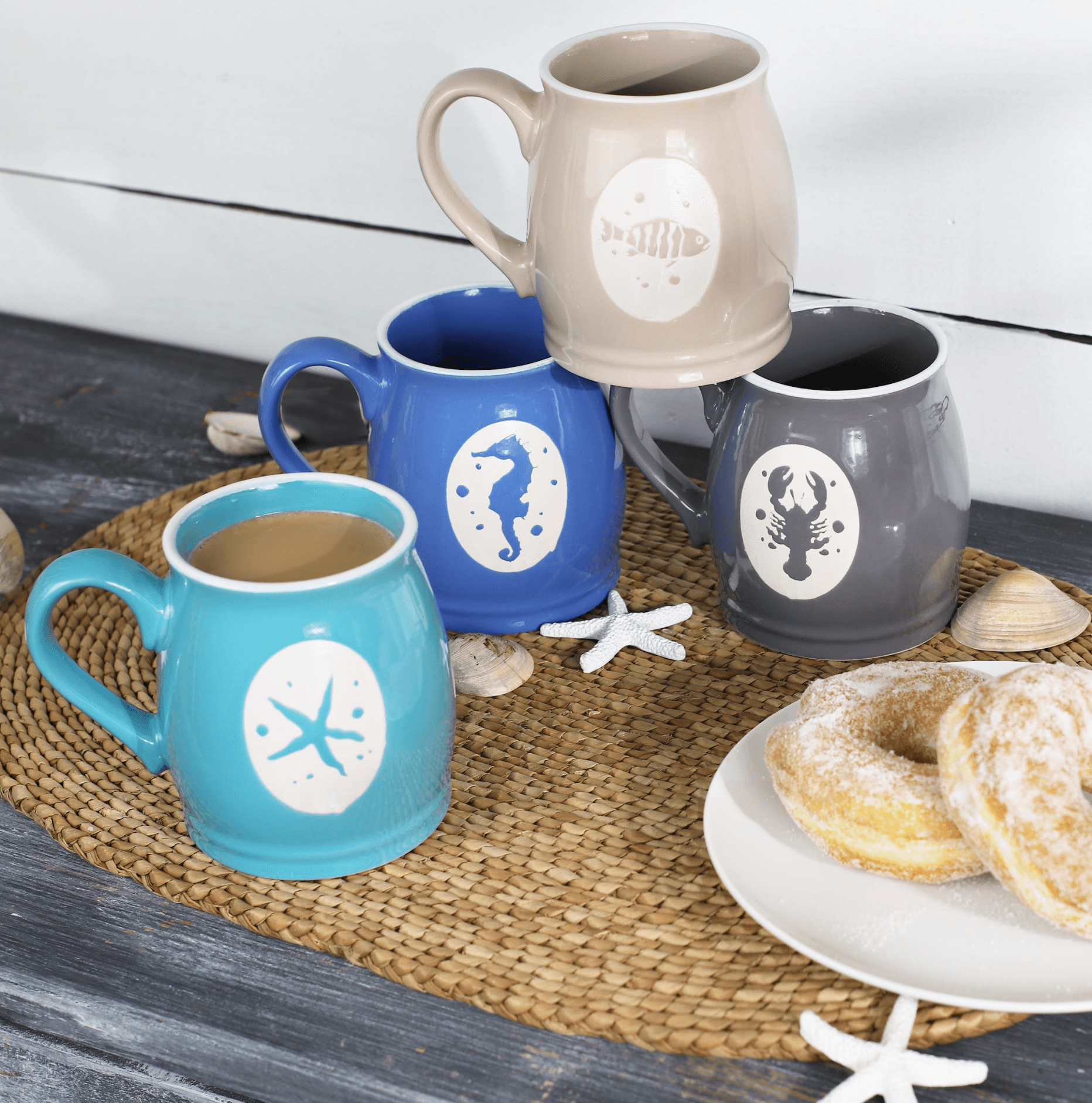 Ocean City Sea Creature Mugs Set of 4 Assorted Colors - Euro Ceramica 