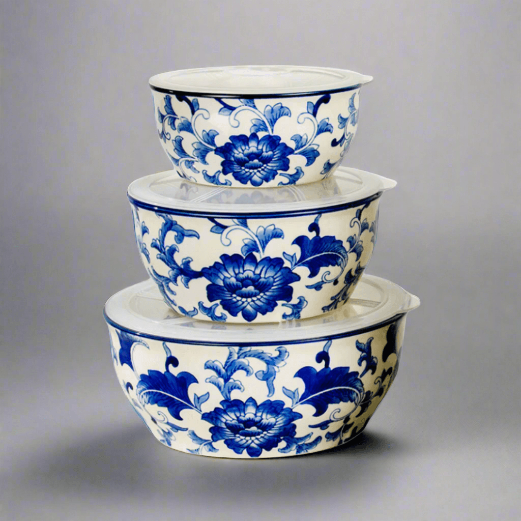 Blue Garden Chinoiserie 3-Piece Stoneware Storage Containers - Euro Ceramica 
