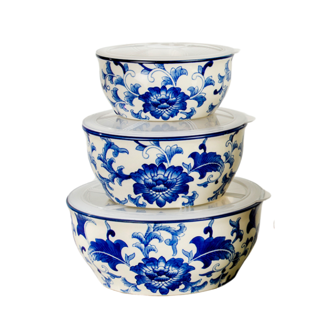 Blue Garden Chinoiserie 3-Piece Stoneware Storage Containers - Euro Ceramica 