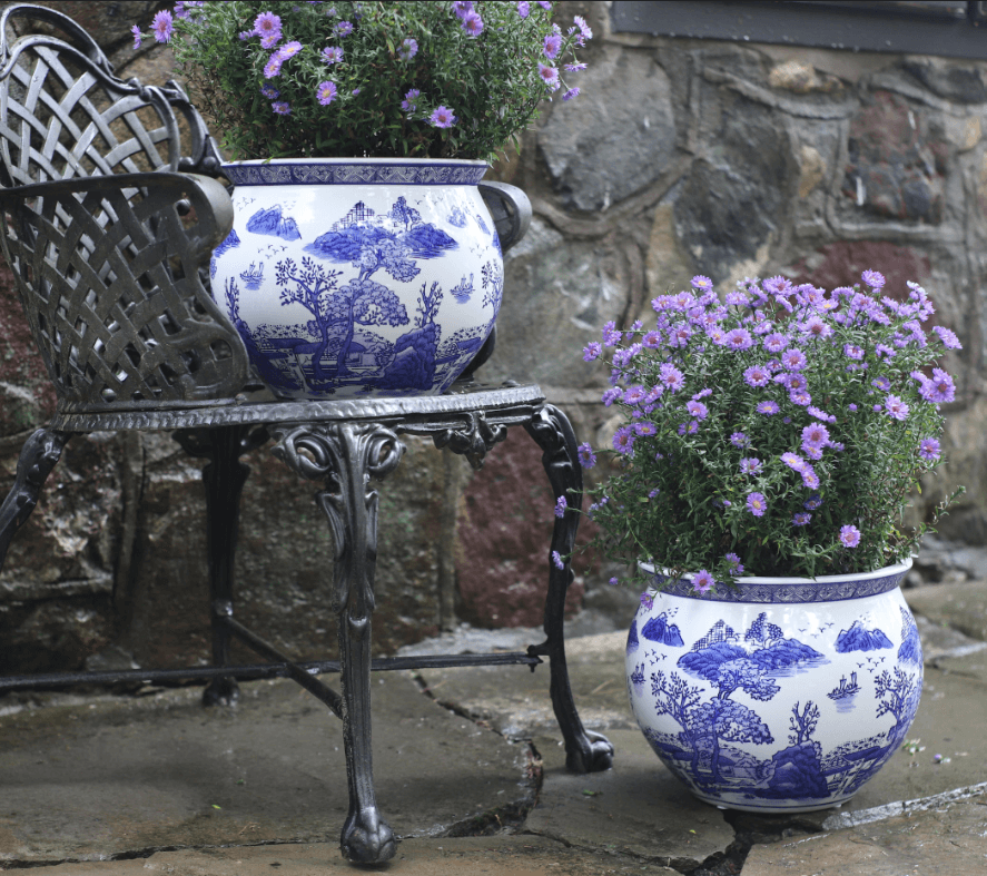 Ceramic Blue & White Landscape Design 11-Inch Planter Pot