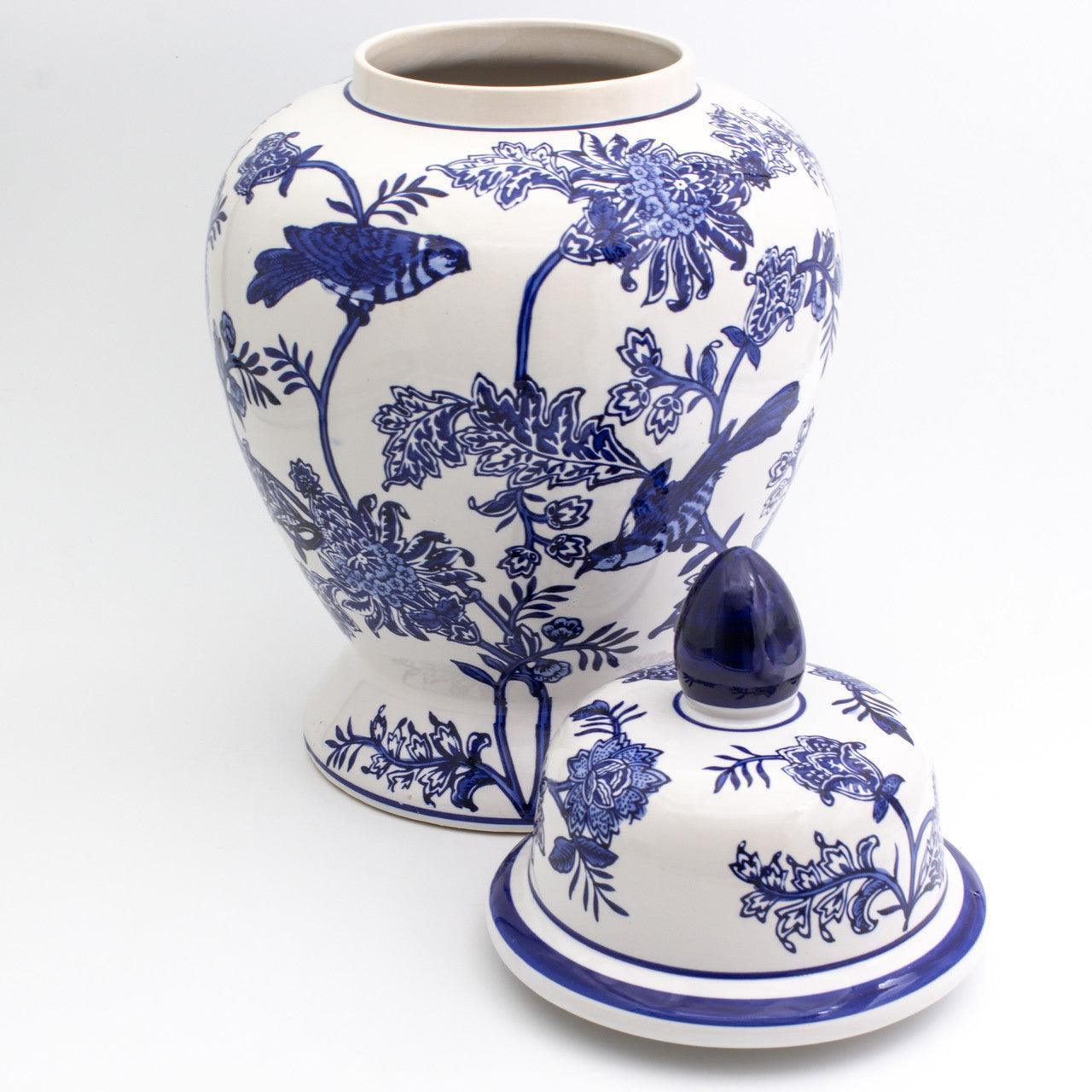 Blue Garden Bird and Blossom Ginger Jar - Euro Ceramica 