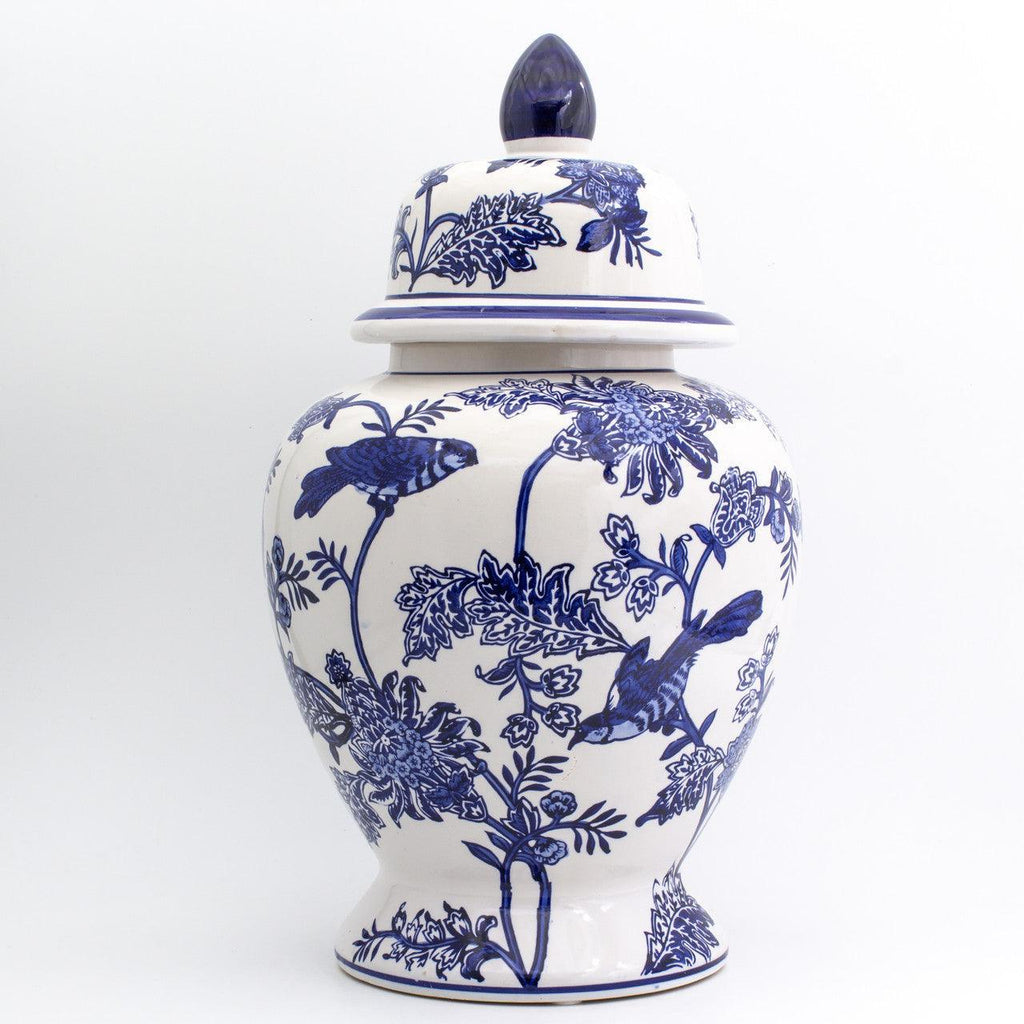 Blue Garden Bird and Blossom Ginger Jar - Euro Ceramica 