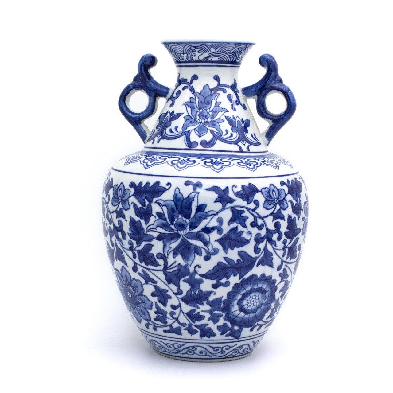 Blue Garden White Lotus Two Handle Vase - Euro Ceramica 