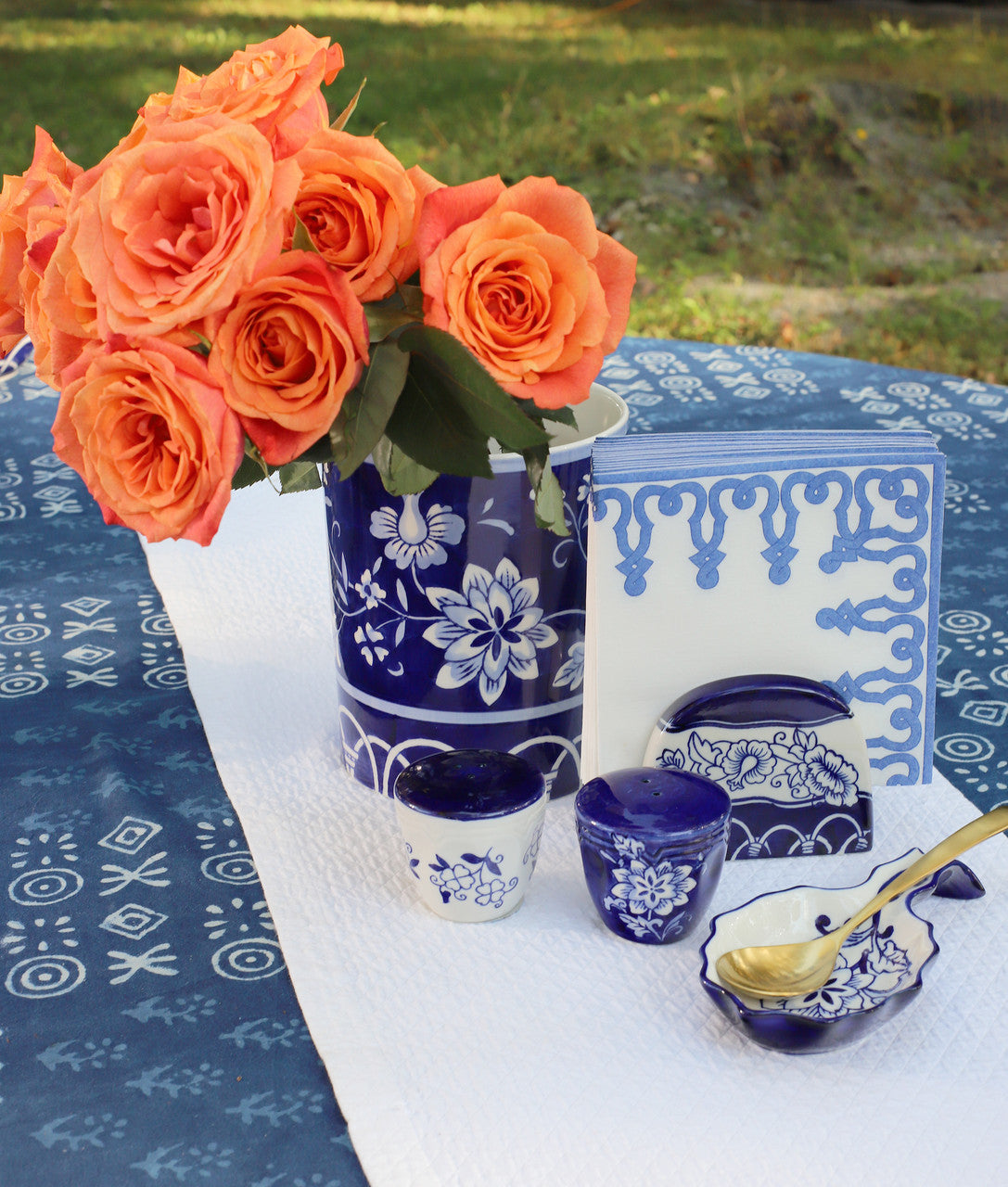 Blue Garden Table Accessory Set (Salt and Pepper Shakers & Napkin Holder)
