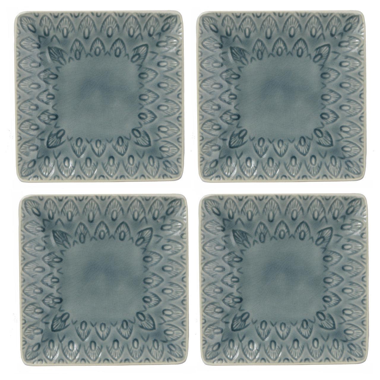 Peacock 6.5 Inch Square Appetizer Plate Set - Euro Ceramica 