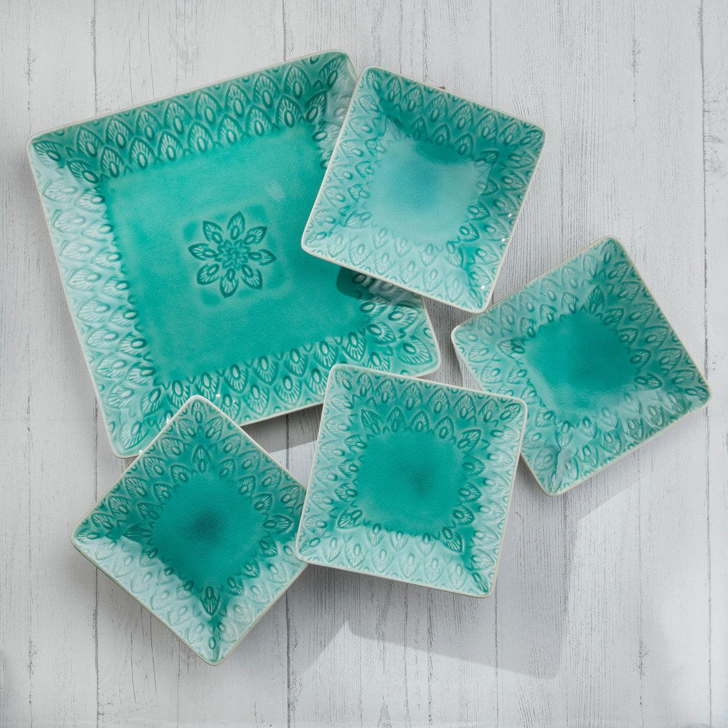 Peacock 5-Piece Square Appetizer Plate Set - Euro Ceramica 
