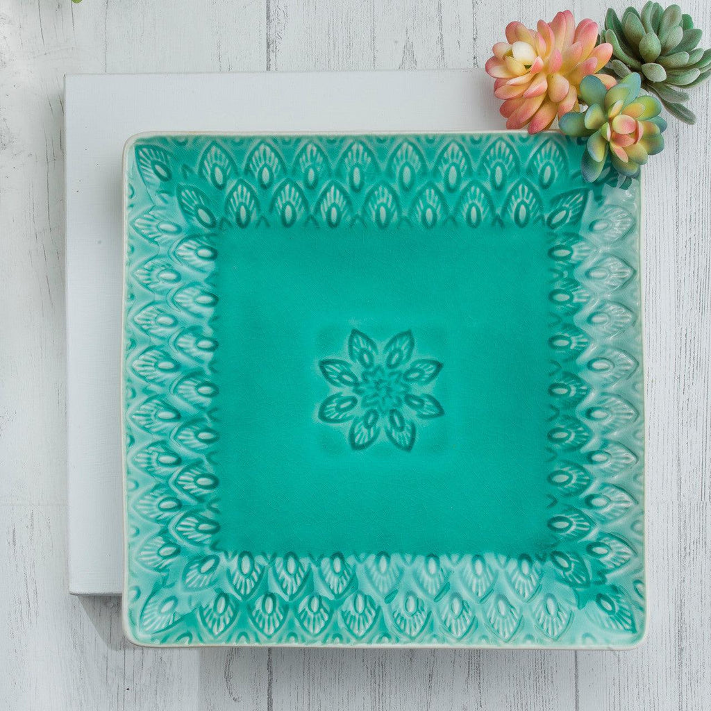 Peacock 5-Piece Square Appetizer Plate Set - Euro Ceramica 